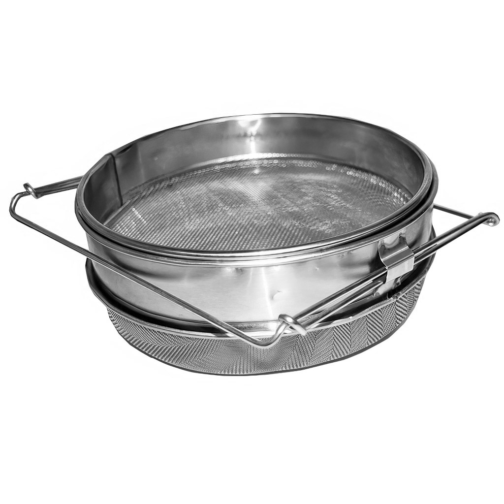 nerezový cedník na med 24 cm, dvojité síto, pohled shora, med