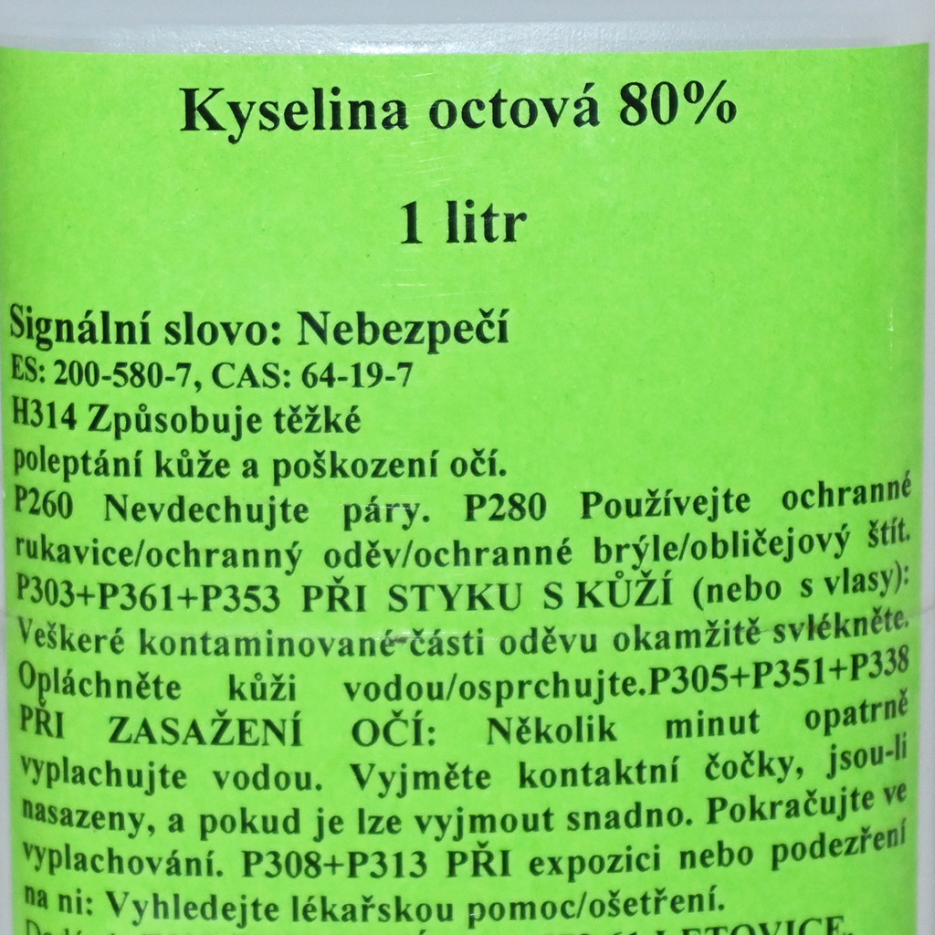 Kyselina octová 80% 1l, celkový pohled, ošetření vybavení, včelařské potřeby