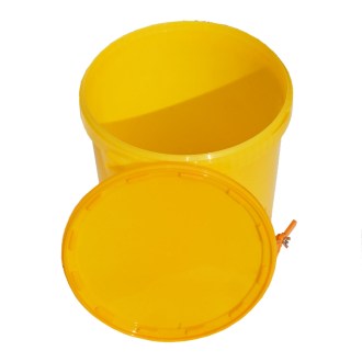 nádoba s víkem, žlutá nádoba na med, ochrana medu, potravinářský plast, medárna