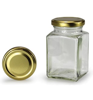 Čtyřhranná sklenice se zlatým víčkem 260 ml TO 58, sklenice na med, zlaté víčko, balení medu
