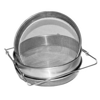 nerezový cedník na med 24 cm, dvojité síto, čerstvý med, cezení