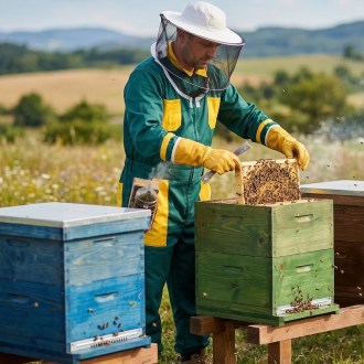 včelař v kombinéze, práce u úlu, zelenožlutý ochranný oděv