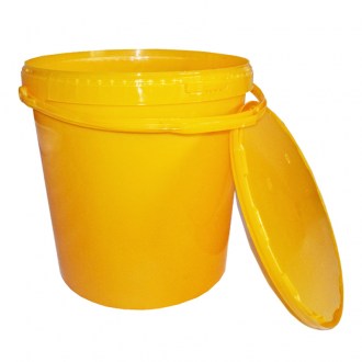 plastová nádoba na med 25 kg, oranžová nádoba, víko, skladování medu, potravinářský plast
