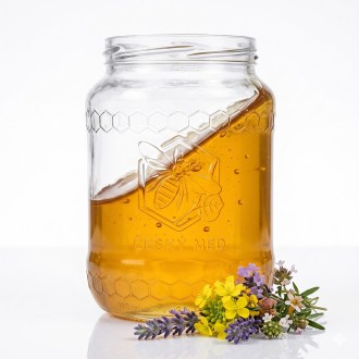 sklenice se včelou MED 770 ml, sklenice na 1 kg medu, obal na med, prodej medu, včelařské potřeby