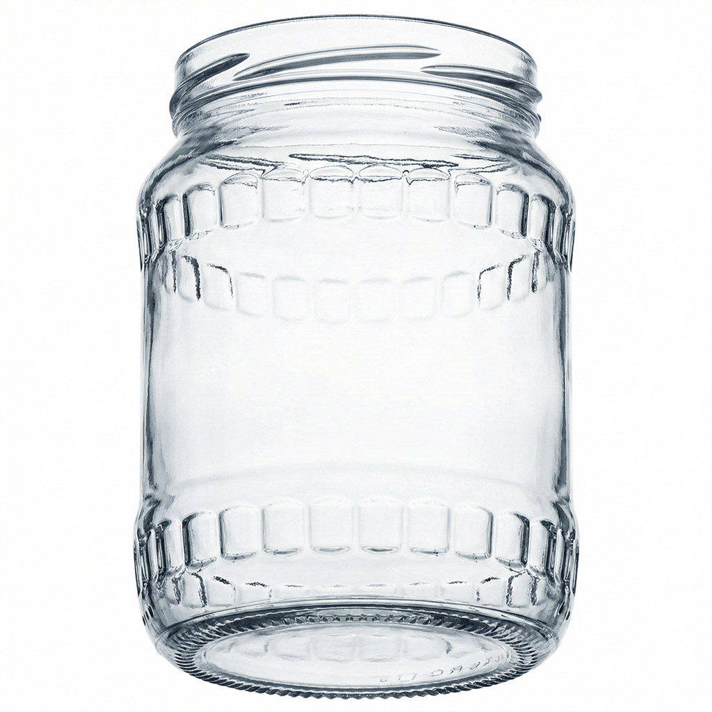 sklenice Facette, 720 ml, místo pro etiketu, sklenice na med, čiré sklo